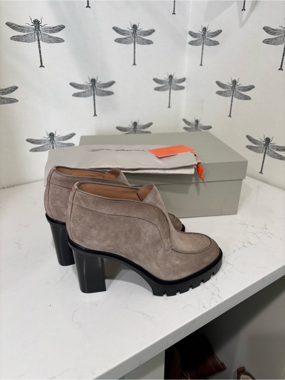 Santoni Suede Platform Ankle Bootie in Taupe - Women